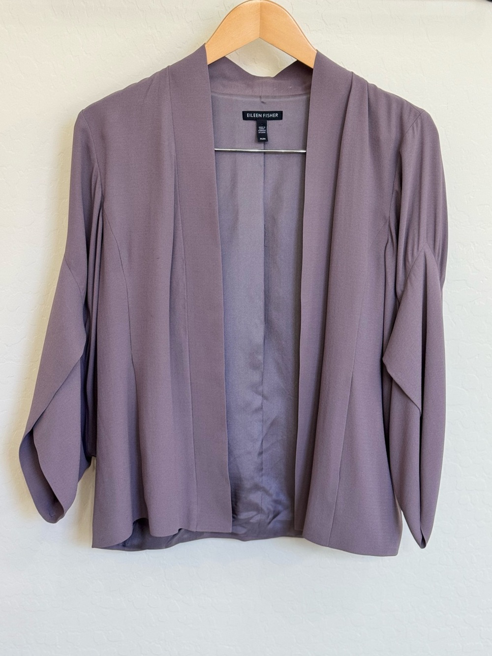 Eileen Fisher 100% Silk Open Front Jacket Mauve Purple Ruched 3/4 Sleeve Size M